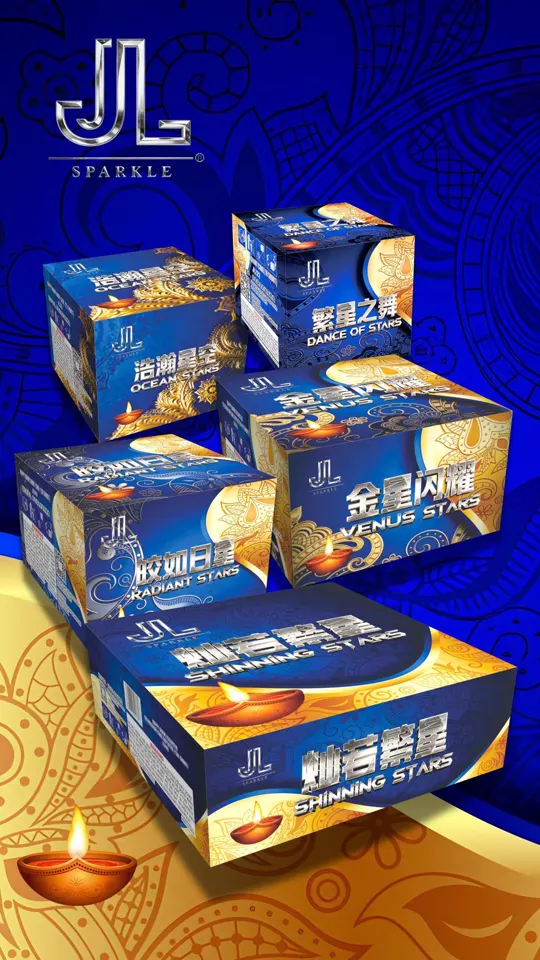 The Deepavali edition cartons photographed together: five blue-and-gold boxes stepped on a gold mandala ground, with a lit diya in the foreground.